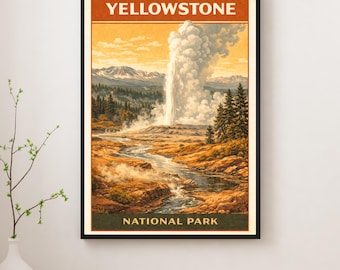Yellowstone National Park Vintage Poster, Old Faithful Geyser Art, Wyoming Travel Print
