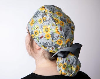 Sunflower Rooster Print Ponytail Scrub Cap, Work Wear
