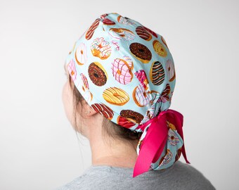 Donut Scrub cap, Ponytailed Medical scrub hat, Nursing hair covering with pouch, Gift Ideas for Nurses with long hair, PICU medical wear