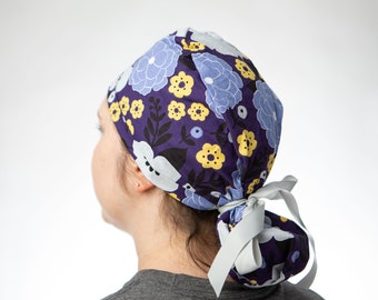 Purple Floral Scrub caps, Mother's Day Gift idea, Gift under 20 dollars, Ponytailed scrub cap with pouch, Long hair covering for nurse