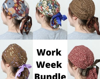 Autumnal Scrub cap bundle, pouched surgical caps for nurses, ponytailed medical gift ideas, complete nursing school bundle, discount scrubs