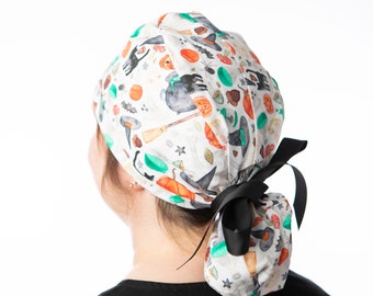 Watercolor Halloween scrub cap, ponytailed scrub cap holiday gift ideas, Samhain scrub cap, All Hallows Eve, long hair covering scrub cap