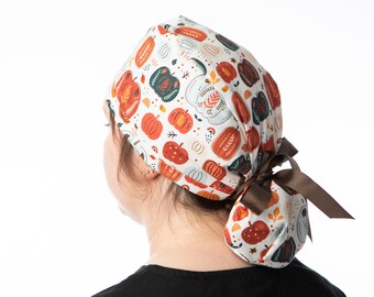 Everything Pumpkin Scrub Hat, Ponytailed Med cap for long haired nurses and doctors, Ponytailed med hat with pouch holiday gift ideas