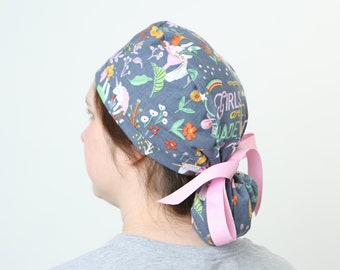 Unicorn Scrub cap, Ponytail medical professional Scrub hat, Long hair med cap gift idea, Girl Power, Gift under 20 dollars, nurse gift idea
