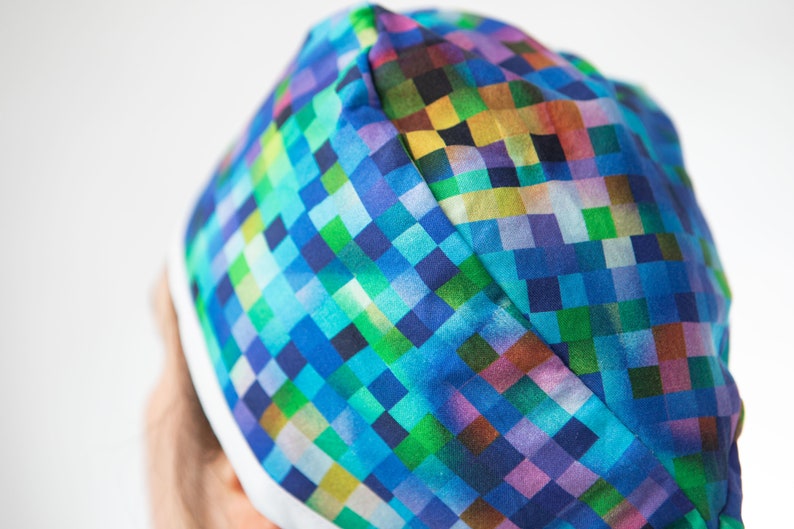 Rainbow pixel style print scrub cap that covers the whole head. Ideal for short but if hair is worn braided and pinned up can work for long hair too. Y2K, Medical surgical research Analyst, Ombre rainbow, Clinical Trial Tech, Surgical Study resident