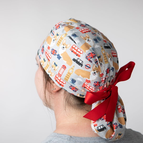 Queen Corgi Scrub cap, Scrub hat, Surgical cap, Surgical hat, Med cap, Med Hat, Ponytailed scrub cap, Ponytailed surgical hat