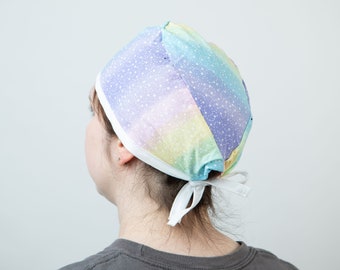 Pastel Rainbow Scrub cap, Pixie Scrub hat for short hair nurses and Doctors, Unisex Surgical cap gift ideas, Pastel Maximalist Lolita scrubs