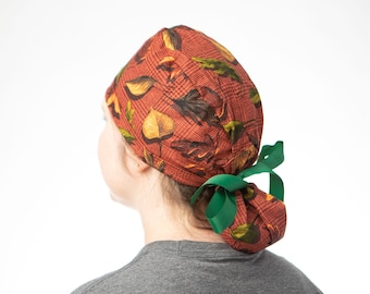 Fall Leaves Scrub cap, Oktoberfest Scrub cap, Ponytailed scrub cap with pouch, Ponytail surgical hat, Medical Professional Nurse gift Idea,
