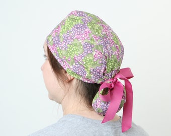 Grapes Scrub cap, California Wine Country ponytailed Scrub hat, long hair Surgical cap with pouch, Ponytailed scrub cap for nurses