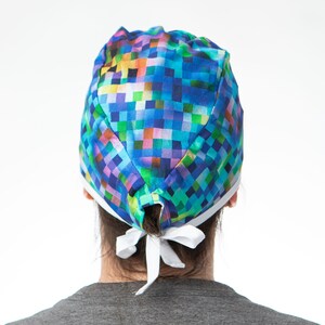 Rainbow pixel style print scrub cap that covers the whole head. Ideal for short but if hair is worn braided and pinned up can work for long hair too. Y2K, Medical surgical research Analyst, Ombre rainbow, Clinical Trial Tech, Surgical Study resident