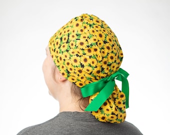 Sunflower Scrub Cap, Ponytailed scrub hat gift ideas, Ponytailed surgical hat with pouch, hair cover for scrub nurses with long hair