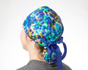 Pixel Perfect Scrub Cap, Nurse gift ideas, Ponytailed scrub cap with pouch, Surgical bonnet for long hair, Hair covering for long hair