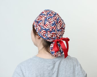 America Scrub cap, Medical professional scrubs for nurses with long hair, military Surgical hat, Ponytailed head covering, Nurse Gift Ideas,