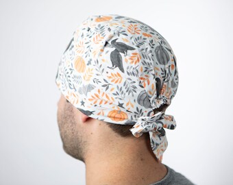 Raven Halloween scrub cap, unisex scrub cap, Pumpkin and Bats, holiday gift idea, European scrub cap, All Hallows Eve, Samhain Scrub cap