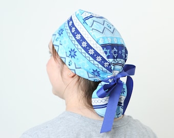 Hanukkah Scrub cap, holiday gift ideas for medical workers, Ponytail scrub cap for long haired nurse and doctors, Ponytail surgical tech hat