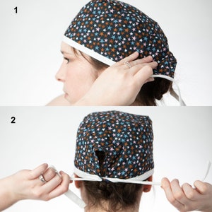 Step by step on how to put this scrub cap on. Place the center from of the cap on the forehead and pull over the back of your head, tie the bias ties in the back to secure on your head. Adjust the tie for your comfort.