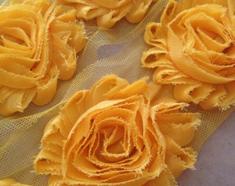 By the yard- Gold Yellow- solid-Shabby Flowers/Shabby Trim/ Shabby Chic --full yard approx. 14 flowers.-1/2 yard, approx. 7 flowers