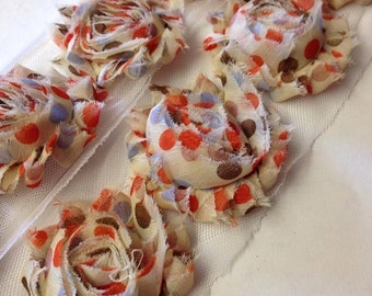 By the yard- Ivory with Orange, Blue and Brown Polka Dots - Fall Colors -Shabby Chic FlowerTrim 1/2 yard 7 flowers-full yard14 flowers