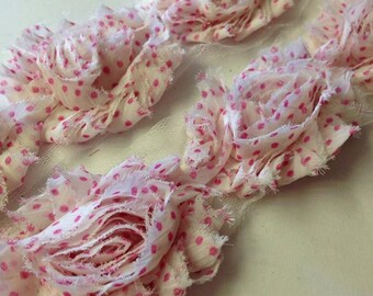 1 yard - White with Pink Polka Dots -Shabby Flowers/ Shabby Trim/ Shabby Chic --1 yard, approx. 14 flowers