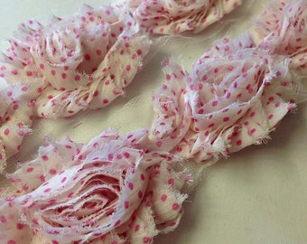 1/2 yard- White with Pink Polka Dots -Shabby Flowers/ Shabby Trim/ Shabby Chic --1/2 yard, approx. 7 flowers