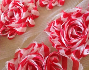 By the yard- Red Stripe- Shabby Flowers/ Shabby Trim/ Shabby Chic --full yard approx. 14 flowers. -1/2 yard, approx. 7 flowers
