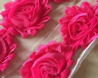 By the yard-Hot Pink #3- Solid-Shabby Flowers/Shabby Trim/Shabby Chic --full yard approx. 14 flowers. -1/2 yard, approx. 7 flowers