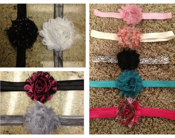 Set of 3 Shabby Chic -Baby/Girls Headband- Choose any 3 flowers and shiny elastic headbands.