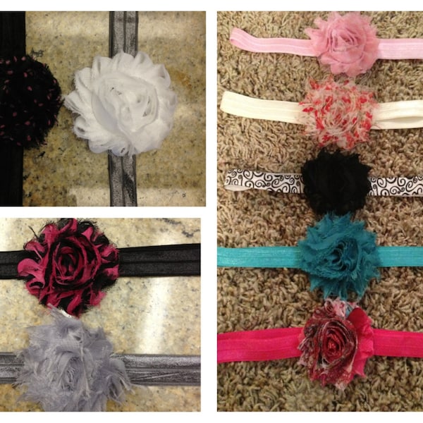 Set of 3 Shabby Chic -Baby/Girls Headband- Choose any 3 flowers and shiny elastic headbands.