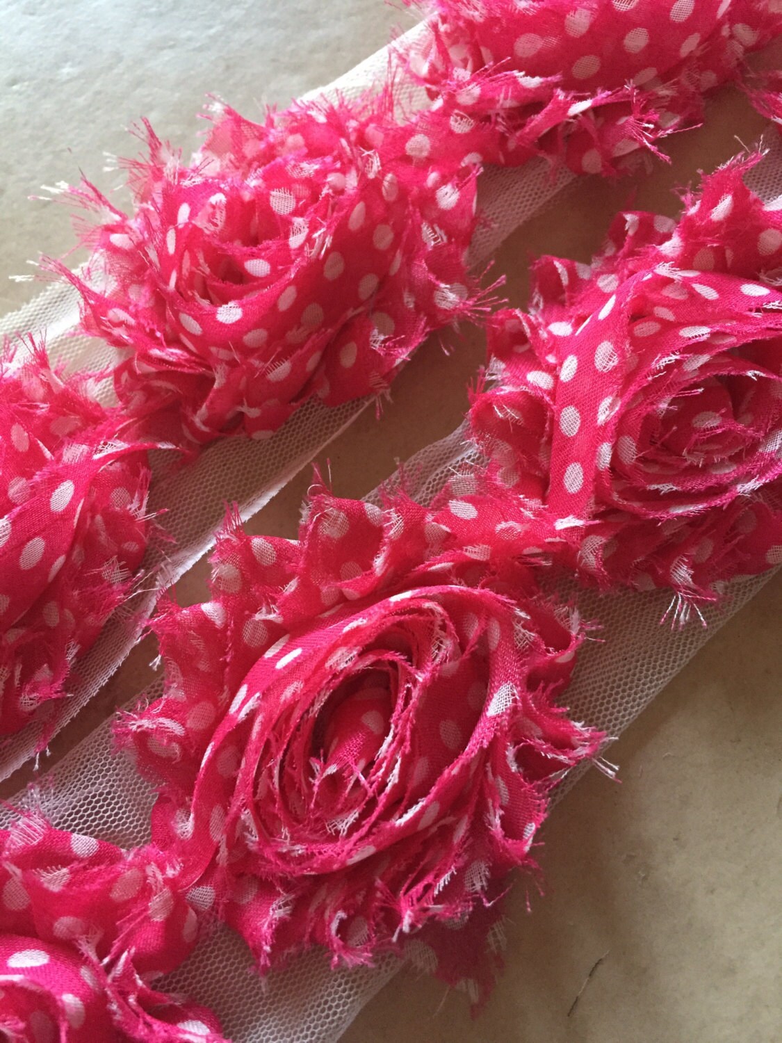 By the yard- Hot Pink Polka Dot -Shabby Flowers/Shabby Trim/ Shabby Chic --full yard approx. 14 flowers. -1/2 yard, approx. 7 flowers