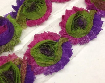 1/2 yard- Tie Dye- Pink, Green and Purple Glitter -Shabby Flowers/ Shabby Trim/ Shabby Chic --1/2 yard, approx. 7 flowers