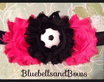 Soccer- Shabby Chic-Infant/Newborn/Girls Triple flower headband w/soccerball center- free shipping-Choose from 66 Colors Free Shipping