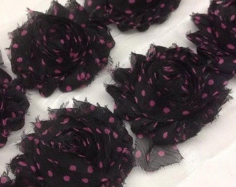 1 yard- Black with Pink Polka Dots -Shabby Flowers/ Shabby Trim/ Shabby Chic --1 yard, approx. 14 flowers