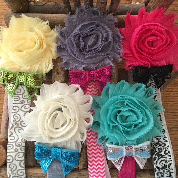 Set of 4 Single Flower Shabby Headbands with Sequin Bow- -Free Shipping- Choose any 4 flowers and elastic headband