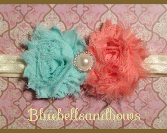 Infant/Baby -Double Shabby Flower Headbands with Pearl Center-Shabby Chic - Photo Prop- You Choose Colors