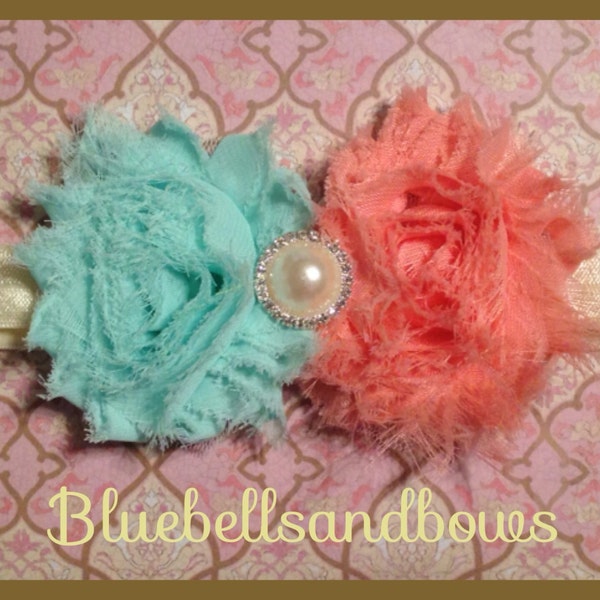 Infant/Baby -Double Shabby Flower Headbands with Pearl Center-Shabby Chic - Photo Prop- You Choose Colors