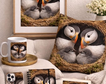 Puffin Family Wall Art: Coastal Wildlife - Digital PNG Download
