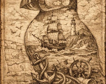 Antique Puffin Nautical PNG | Double Exposure Laser Engraving File (Digital Download)