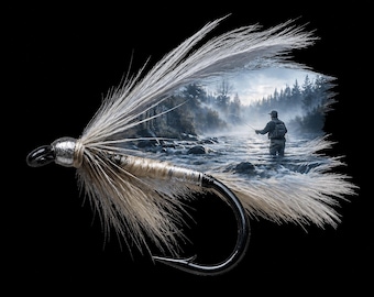 Salmon Fly Design: Tranquil River Fishing Scene - Digital Download