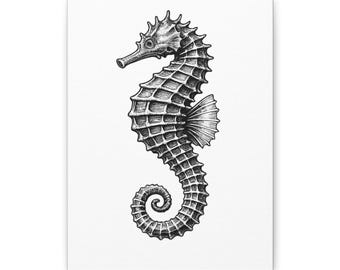 Vintage Seahorse Canvas: Black and White Coastal Wall Art