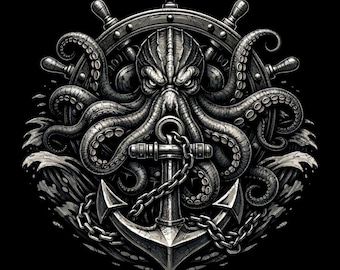 Kraken Ship Wheel Anchor Graphic, Nautical Pirate Art (Digital Download)