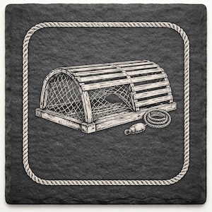 Może przedstawiać: Kwadratowa, ciemnoszara podstawka z łupków z białą obwódką z liny. Podstawka przedstawia szczegółową czarno-białą ilustrację pułapki na homary, zwiniętej liny i boi.