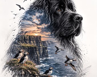 Newfoundland Dog Double Exposure SVG | Puffins Coastal Cliffs Laser Engraving PNG (Digital Download)