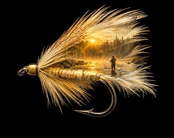 Salmon Fly Design: Tranquil River Fishing Scene - Digital Download
