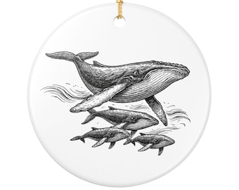 Whale Family Illustration: Ceramic Ocean Ornament (Matte Print, Round)