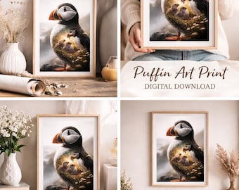Puffin Silhouette Design: Black & White Coastal Scene - Digital Download