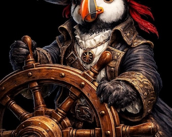 Pirate Puffin Art: Nautical Bird with Ship Wheel Design