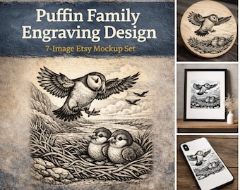 Coastal Wildlife Puffin Engraving, Family Nest Scene (Digital PNG)