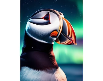 Puffin Poster: Northern Lights Glow Matte Print (Vertical)