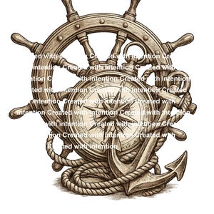 Peut inclure: Illustration sur le thème nautique avec une roue de navire, une boussole, une ancre et une corde. La roue et l'ancre sont marron, la boussole est beige et la corde est marron foncé. Le texte de l'image dit "Created with intention".