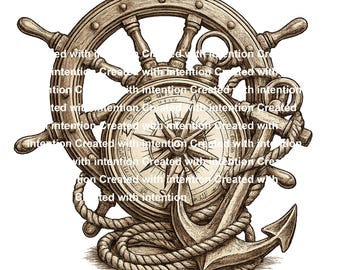 Nautical Wall Art Print - Ship's Wheel, Compass & Anchor Design